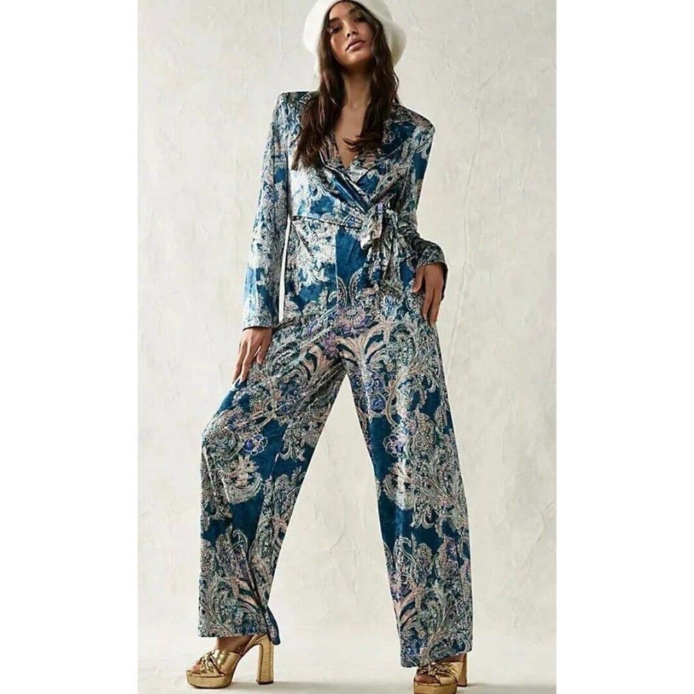 Free People Blue Paisley Wrap Jumpsuit